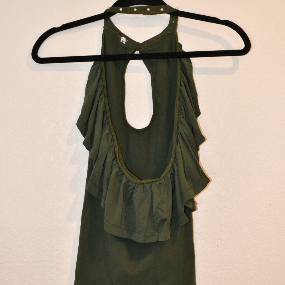 Green Stretchy Ruffle Halter Top - Picture 2 of 3
